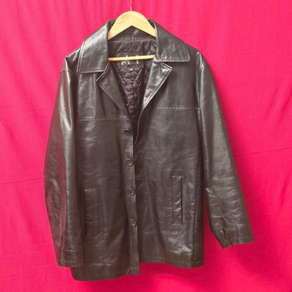 Men's Genuine Black Leather Car Coat A.M. Collections Quilted Lining Size M